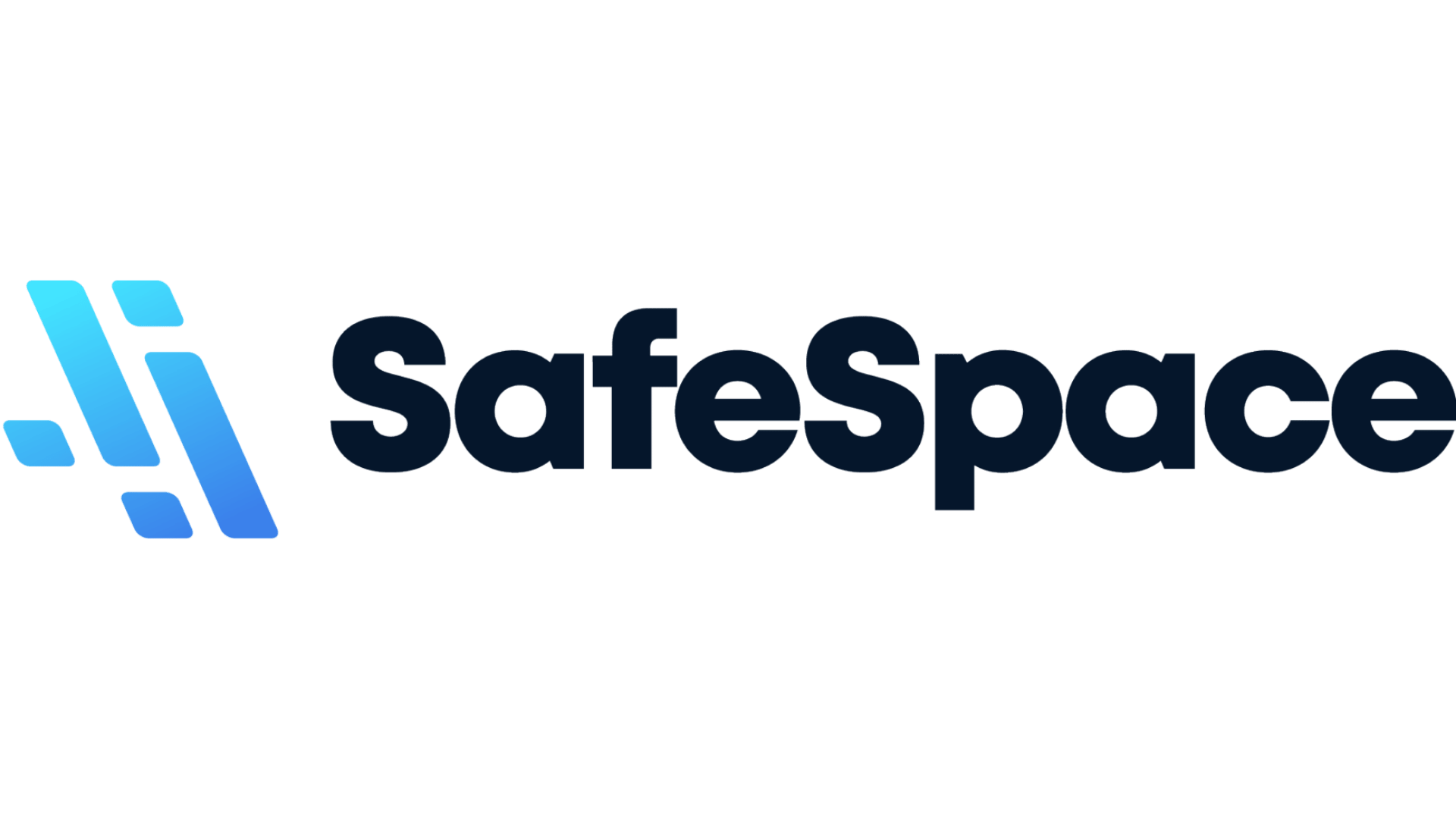 The image shows the SafeSpace logo with an abstract blue icon to the left of the bold black text "SafeSpace" on a light background.