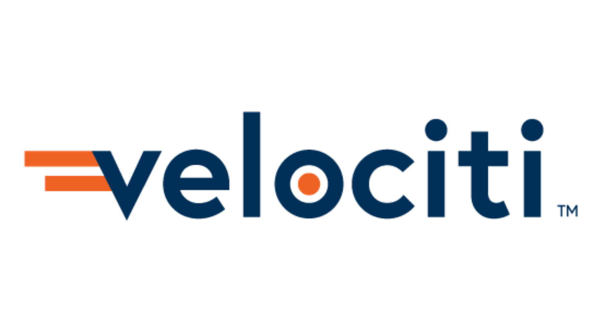 Velociti logo with two orange speed lines before a lowercase "v" and an orange dot in the letter "o" on a white background.